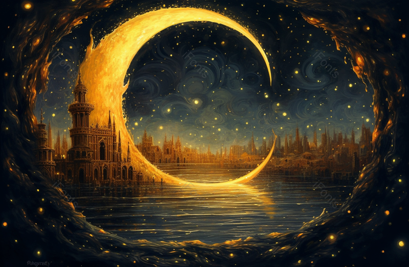 夜晚星空下的月亮弯月倒映在水面波光粼粼远处城堡宫殿背景插画,插画/手绘图,插画/手绘图库,插画/手绘图下载,插画/手绘